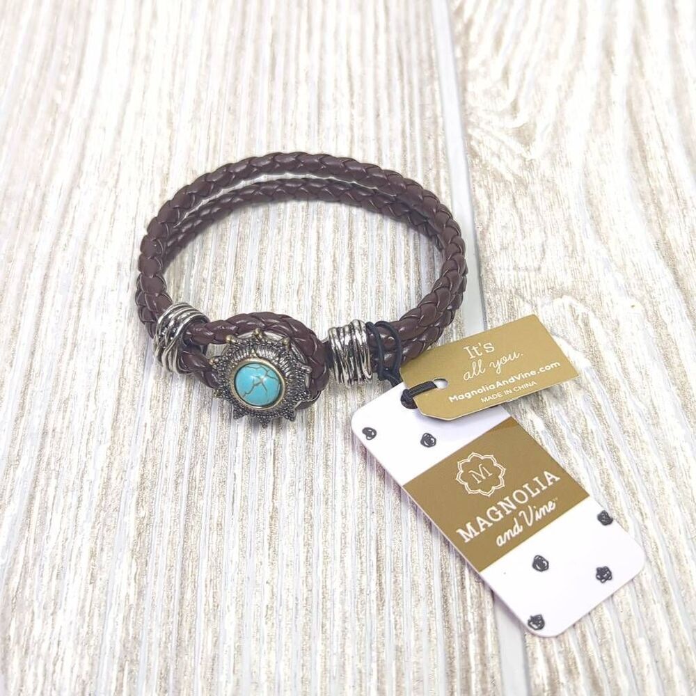 Magnolia and Vine Womens Leather Corded Snap Bracelet with Turquoise Stone NWT